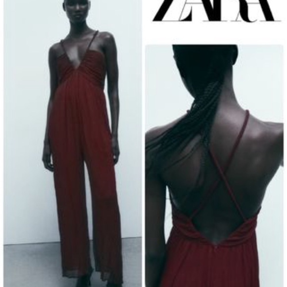 Zara burgundy V-neck crisscross spaghetti strap wide leg jumpsuit Sz S NWT - Picture 5 of 16